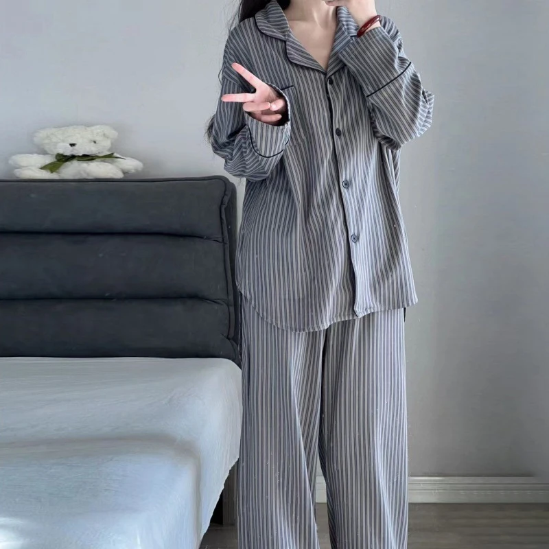 Striped Pajama Set Women Long Sleeve Pants Soft Sleepwear Casual Homewear