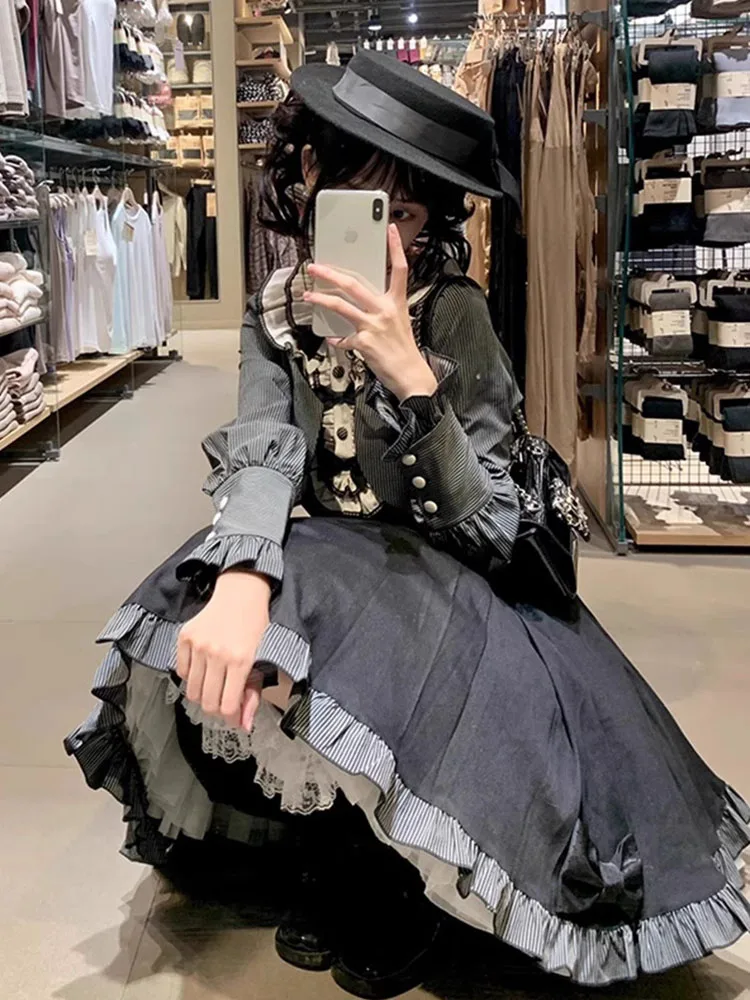 

Princess Style Lolita Ruffle Bow Tie Fake Two-Piece Dress Elegant Spring Autumn Set Women's Skirt Princess Dress
