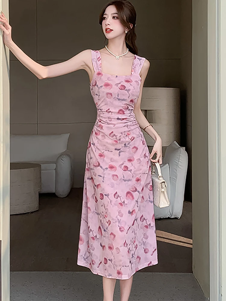 Robe longue d'été rose en maille florale, col carré, écharpe, style Boho, élégante, décontractée, vacances, mode coréenne, 2024