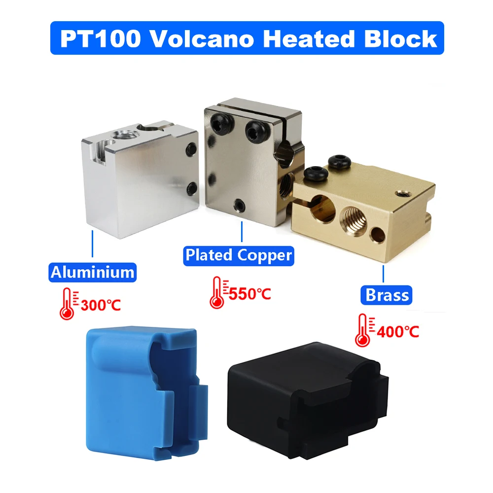 

Top Quality PT100 Volcano Hotend Heated Block Aluminum Brass Plated Copper Heating Block Silicone Socks E3D Volcano 3D Printer