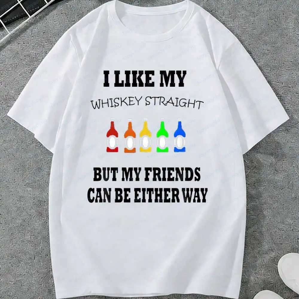 LGBT I Like My Whiskey Straight But Friends Either Way T-Shirt Funny Pride Rainbow Print Cotton for Men LGBTQ+ Ally Graphic Tops