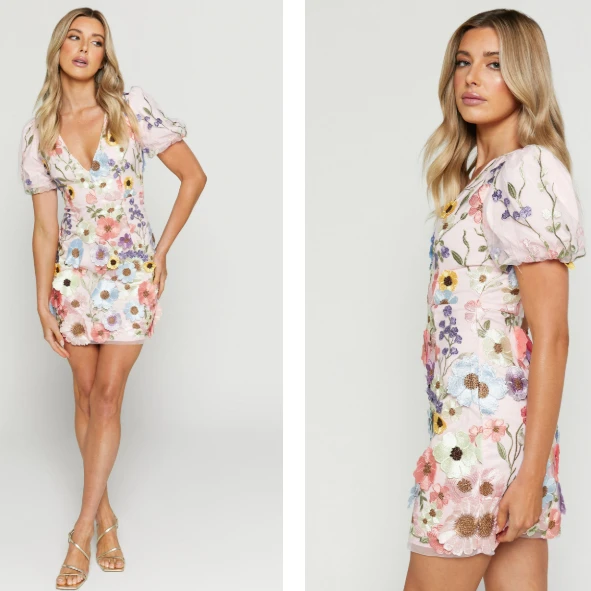 Exquisite V-Ne Floral Embroidery Dr with Lantern Sves And Belt High Waist ort Sve Women's Summer Dr