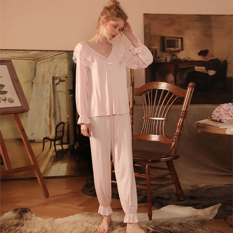 

Fairy Loose Lace Pajamas Vintage Bow V Neck Pajama Sets Princess Sleepwear Nightwear Autumn Sweet Modal Tops Pants Loungewear