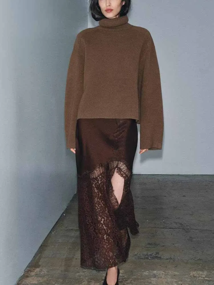 

European and American style winter new arrivals fashionable trendy women's clothing versatile lace trim silk satin midi skirt