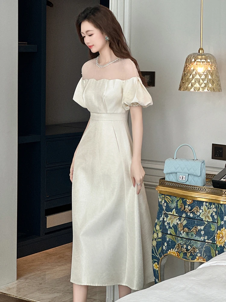 ฤดูร้อนหรูหราชุดราตรีชุดเสื้อผ้าผู้หญิง Retro Chic Sheer เซ็กซี่พัฟแขน Slim Midi Robe Party วันเกิด Vestidos