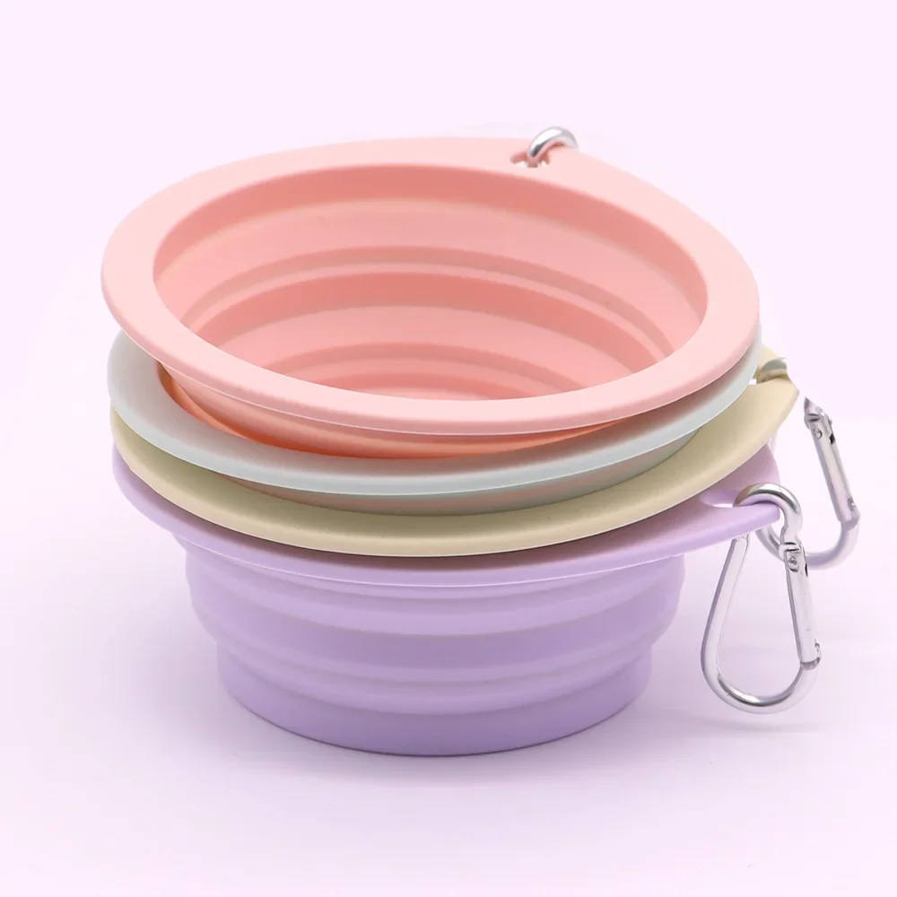 350ml Collapsible Pet Silicone Dog Food Water Bowl Macaron Color Outdoor Travel Portable Folding Supplies Dishes with Carabiner