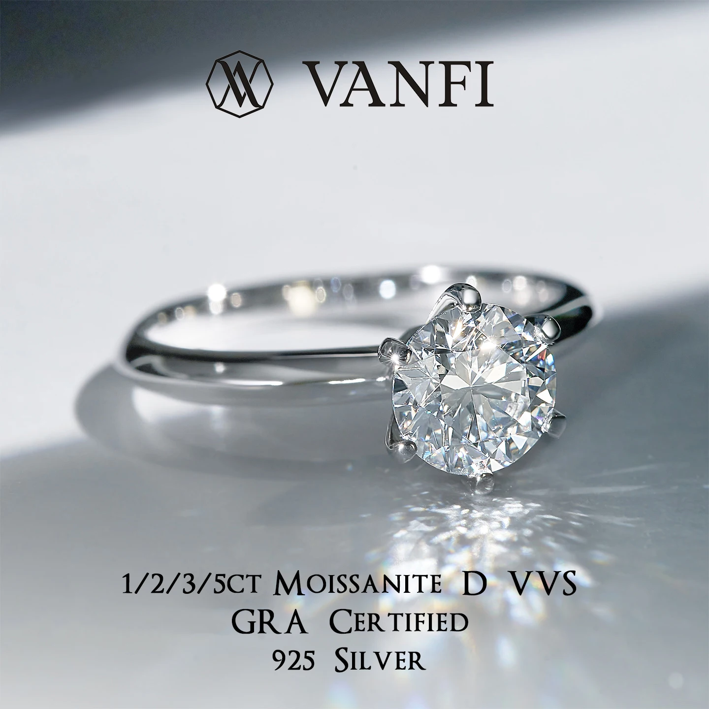 

0.5/1/2/3/5ct Moissanite D VVS s925 sterling silver plated white gold women's ring classic six-claw wedding engagement jewelry