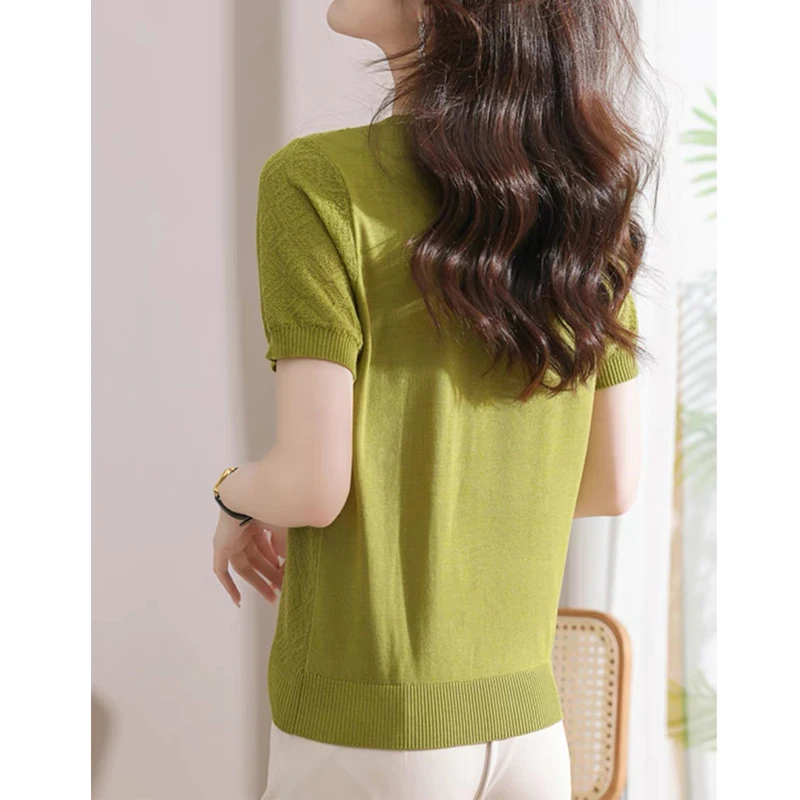 Women Korean Fashion Solid Elegant Ice Silk Knitted T-shirt 2024 New Summer Casual O Neck Short Sleeve Slim Basic Pullover Tops