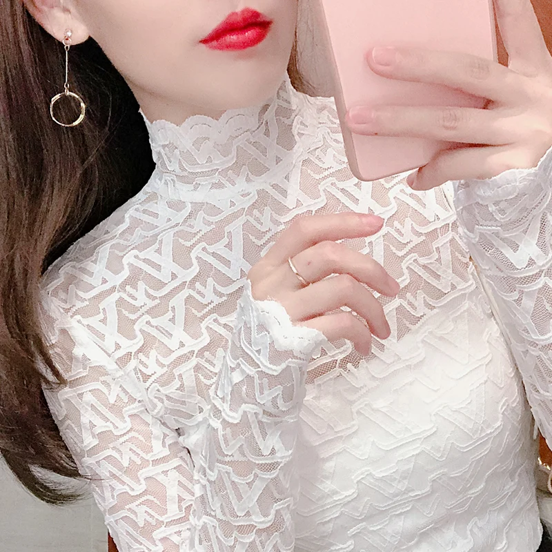 

Женская длинная блузка с кружевной отделкой, ажурная, с высоким воротником, для офиса, в корейском стиле, облегающая, белая, сексуальная