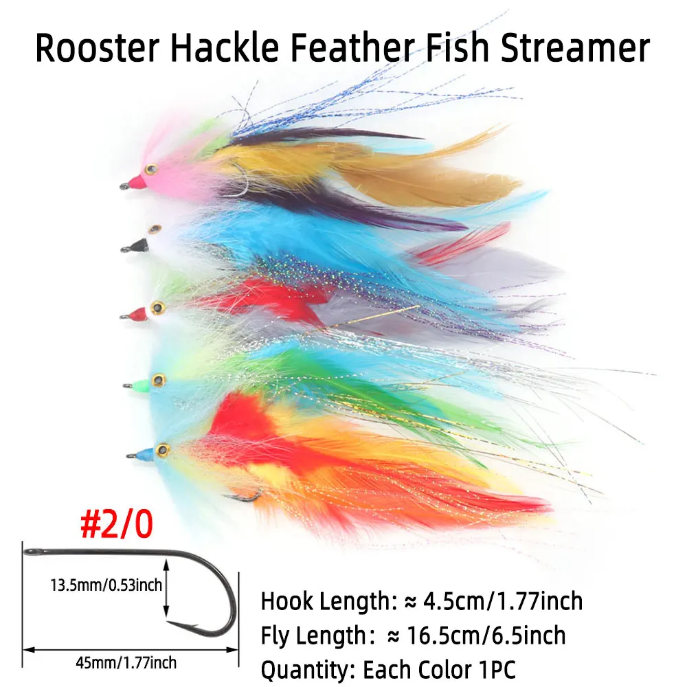 Bimoo 10pcs Flies Fish Streamer Kit Rooster Hackle Feather Streamer EP Silky Fiber Streamer Trout Bass PIke Sea Fishing Lures