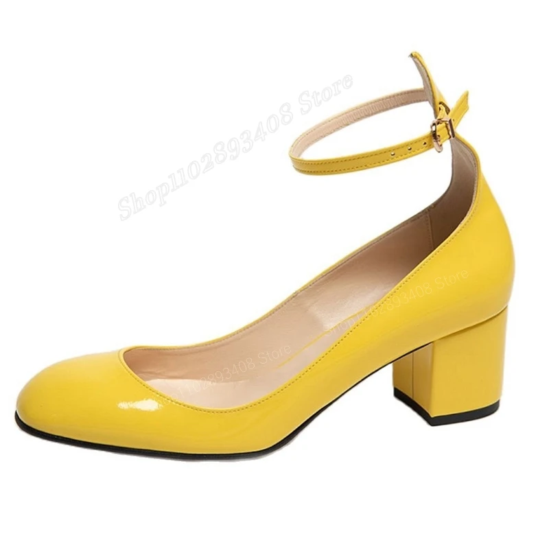 

Yellow Patent Leather Mary Jane Pumps Solid Ankle Buckle Chunky Heel Round Toe Women Shoes 2023 Fashion Sexy Zapatos Para Mujere