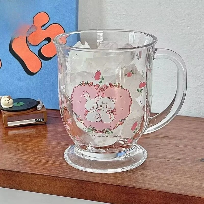 

cartoon kawaii mikko ins style glass cup girly breakfast dessert cup cute with handle cute cartoon print milk coffee cup
