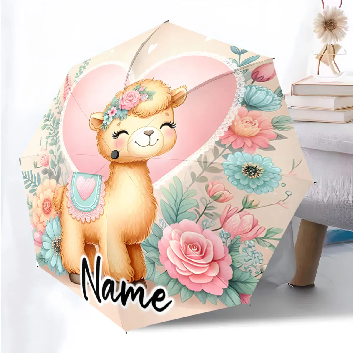 Custom Name Umbrella Charming Llama Umbrella Design with Florals Print 8 Iron Ribs Folding Umbrella Auto-Open Fashion Sunshade