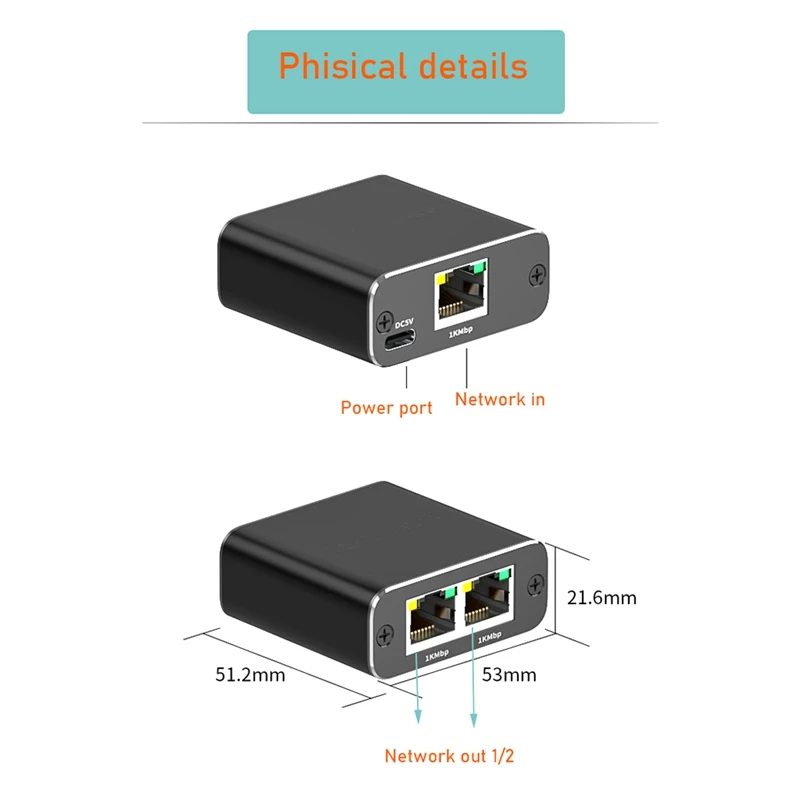 Pemisah Ethernet plastik, adaptor Splitter RJ45 kecepatan tinggi 1000Mbps Output 1 In 2 untuk Cat5/5E/6/7/8 dan lainnya