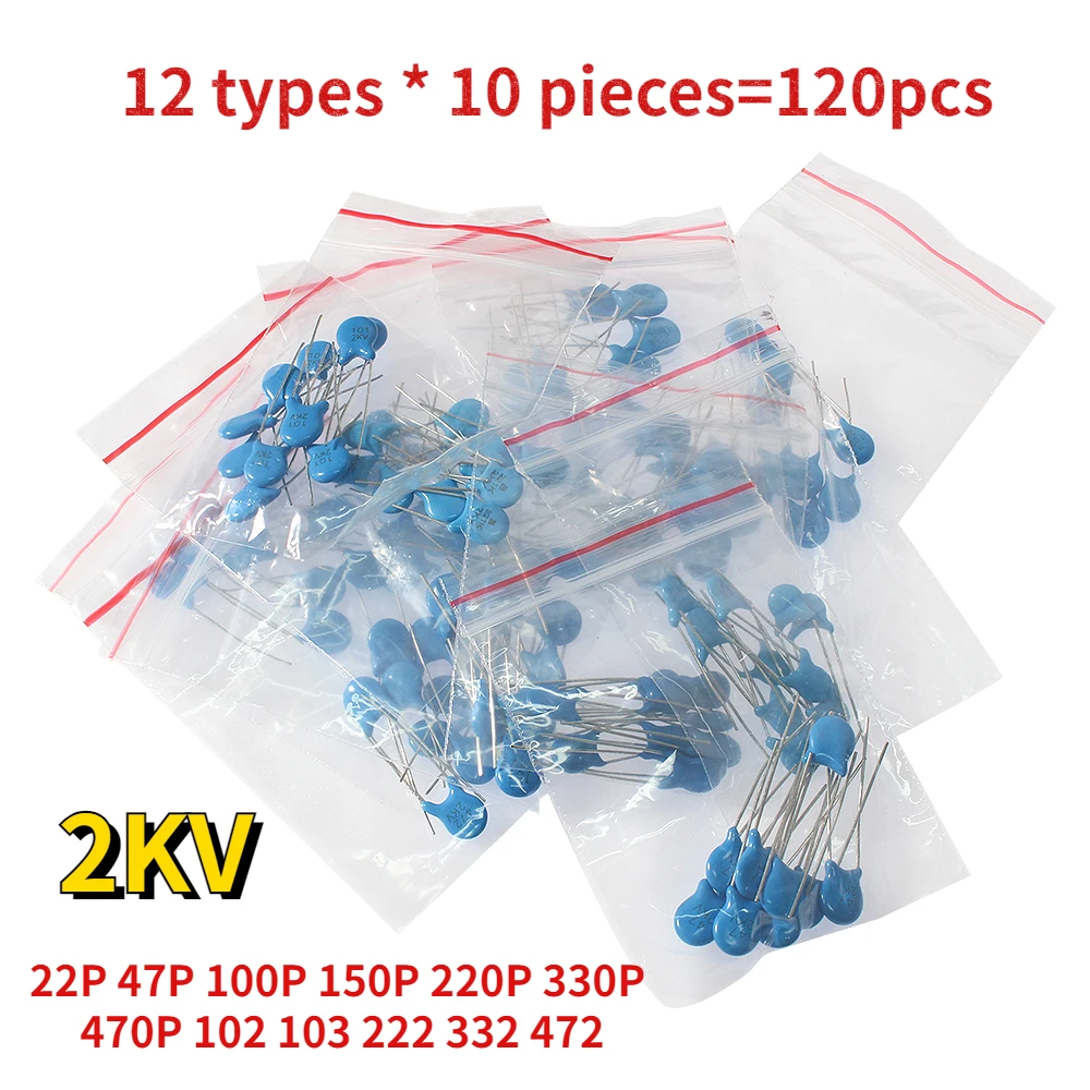 120pcs 2KV High Voltage Ceramic Capacitors Assortment Kit 22P 47P 100P 150P 220P 330P 470P 102 103 222 332 472 Commonly Used Set