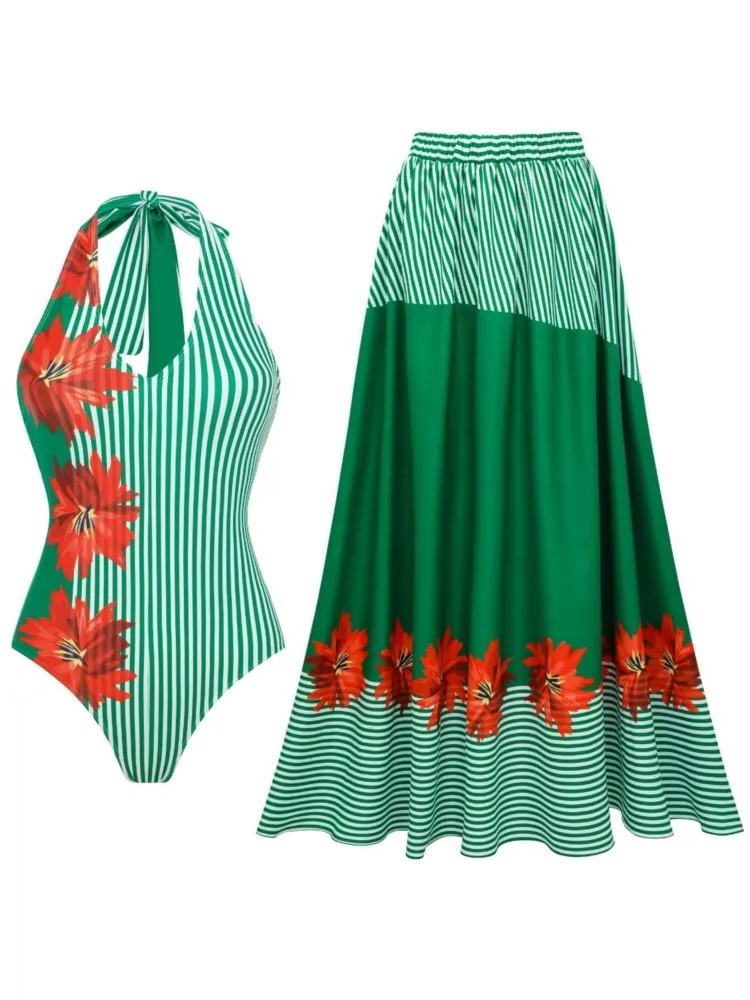 

Bikini Bodysuit Swimwear Women With Skirt Bathing Suit Summer New Ruffle Splice Print Beachwear Holiday Bikini Cover Ups Outfits