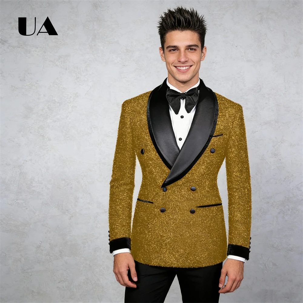

Gold Shiny Singer Performance Suit Attire, Shawl Neckline Slim Fitting Suit Blazer with Black Pants Wedding Suits