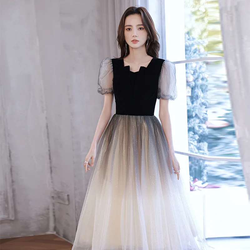 Temperament French Short Sleeve Evening Dress Women Prom Party Dress for Banquet Ball Gown