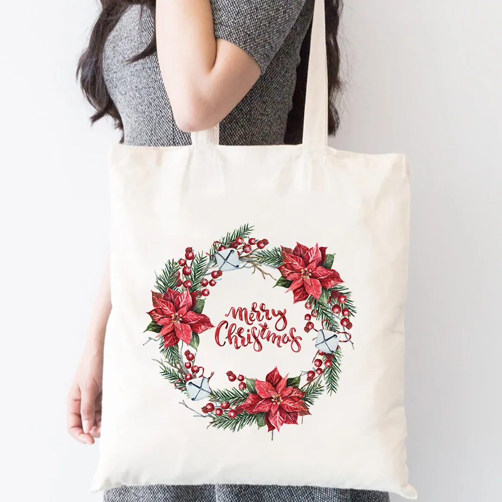 المرأة قماش حمل حقيبة كتف عيد ميلاد سعيد سنة جديدة سعيدة جرس ندفة الثلج إكليل الرنة نمط احتفالي حقيبة يد للسيدات #2