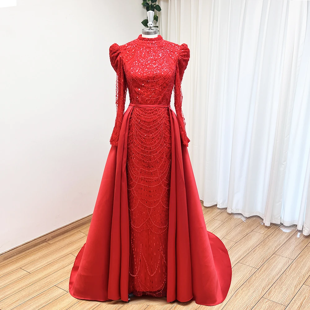 فستان سهرة أنيق لؤلؤ إسلامي للنساء مع ذيل قابل للانفصال 2025 بأكمام طويلة فستان رسمي لحفلات الزفاف حسب الطلب #2