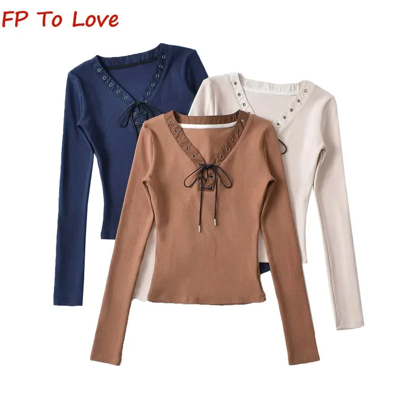 

Y2K Spice Girl Style V-Neck Slim Long Sleeve T-Shirt Women Stretch Short Design Air Eye Tie Top