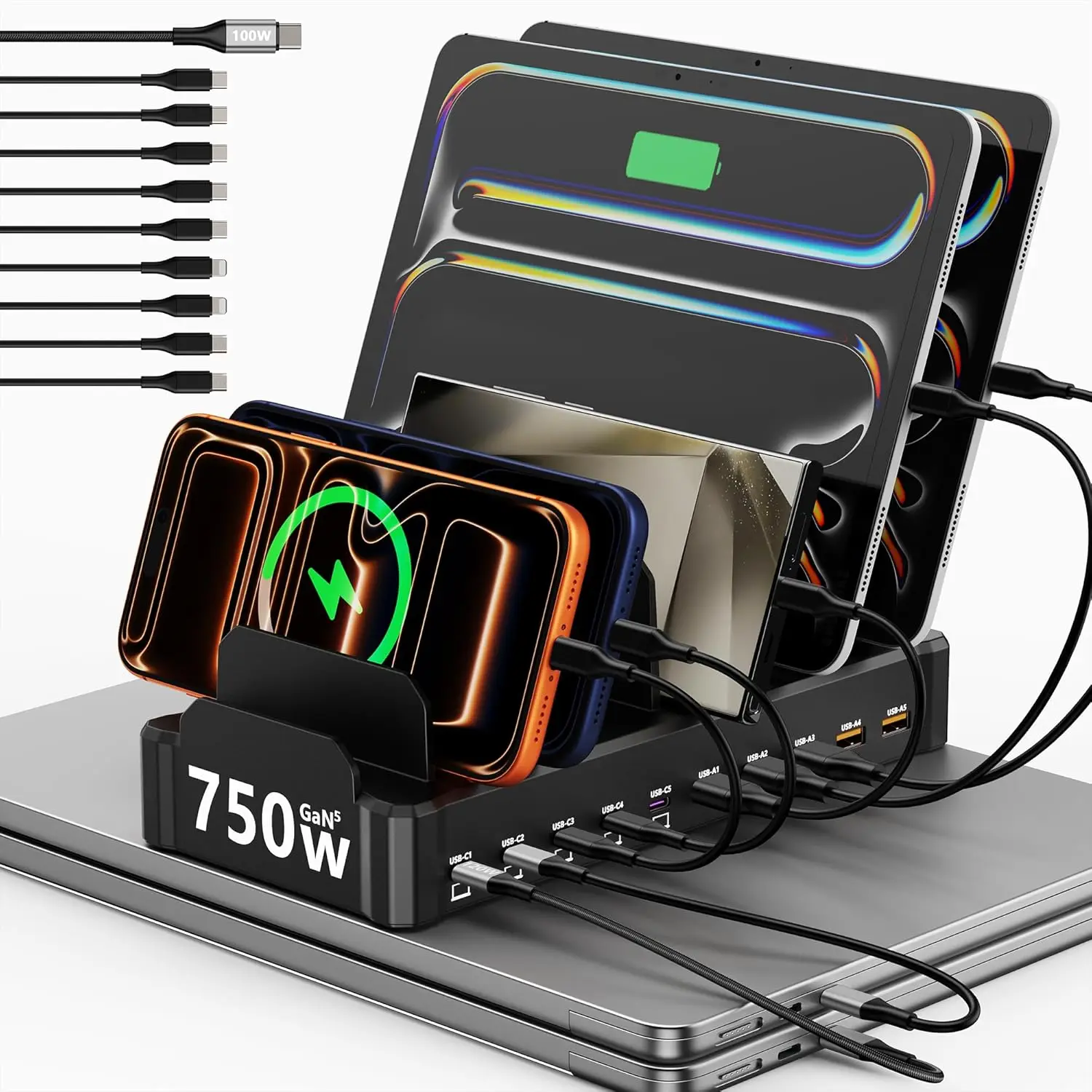 750W 10-Port Desktop Charging Hub, 5 USB-C 120W & 5 USB-A 30W, Fast Charger Station for Laptop Phone Tablet