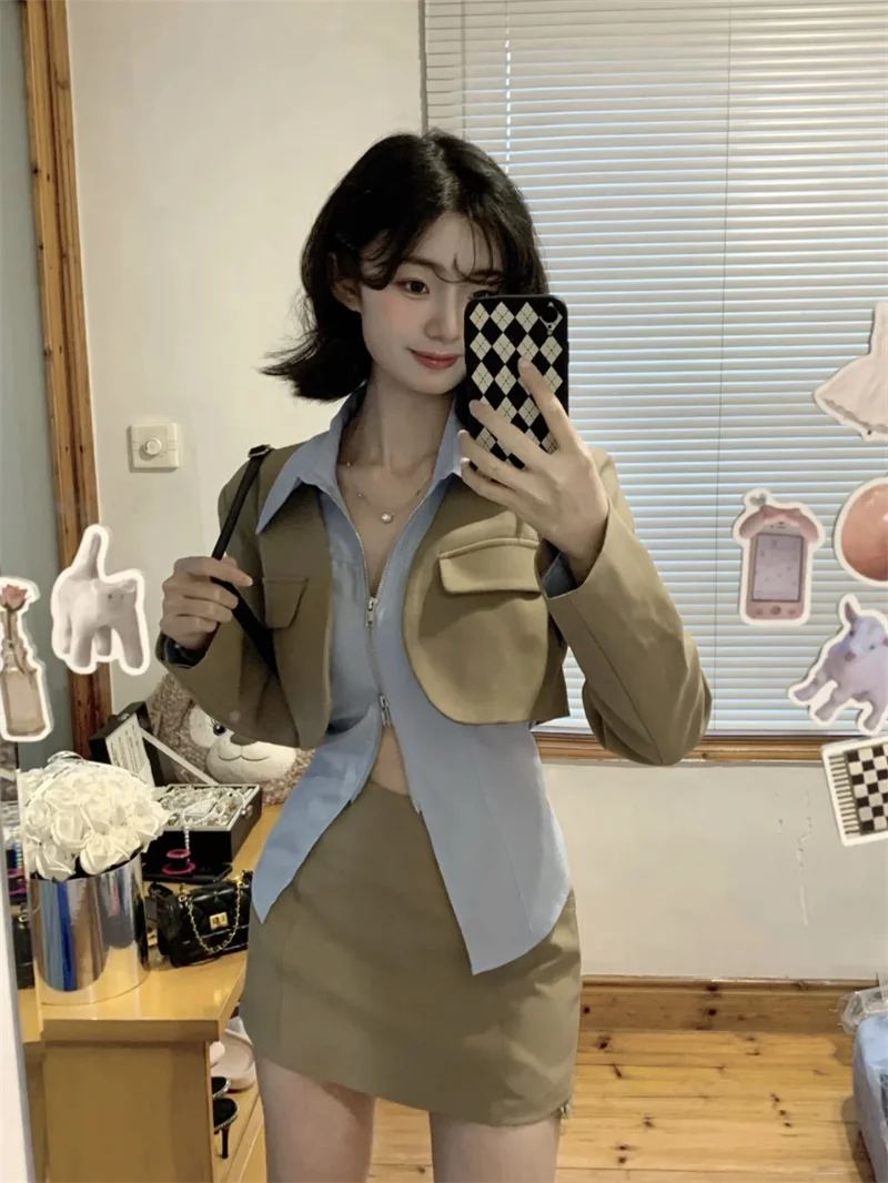 Autumn Elegant Retro New 3 Piece Set Women Pretty Solid Vintage Mini Skirt Suit Female Korean Fashion Slim Chic Sweet Suit 2024