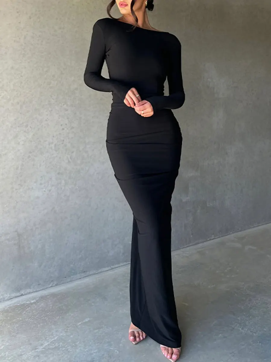 Maxi Bodycon Dresses for Women Long Sleeve Backless Pleated Cocktail Party Dress