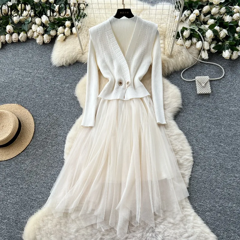 

OCEANLOVE Knitted Dress Sets Autumn Winter Mesh Elegant Two Pieces Set Woman Outfits Solid Retro Fashion Conjuntos Feminino