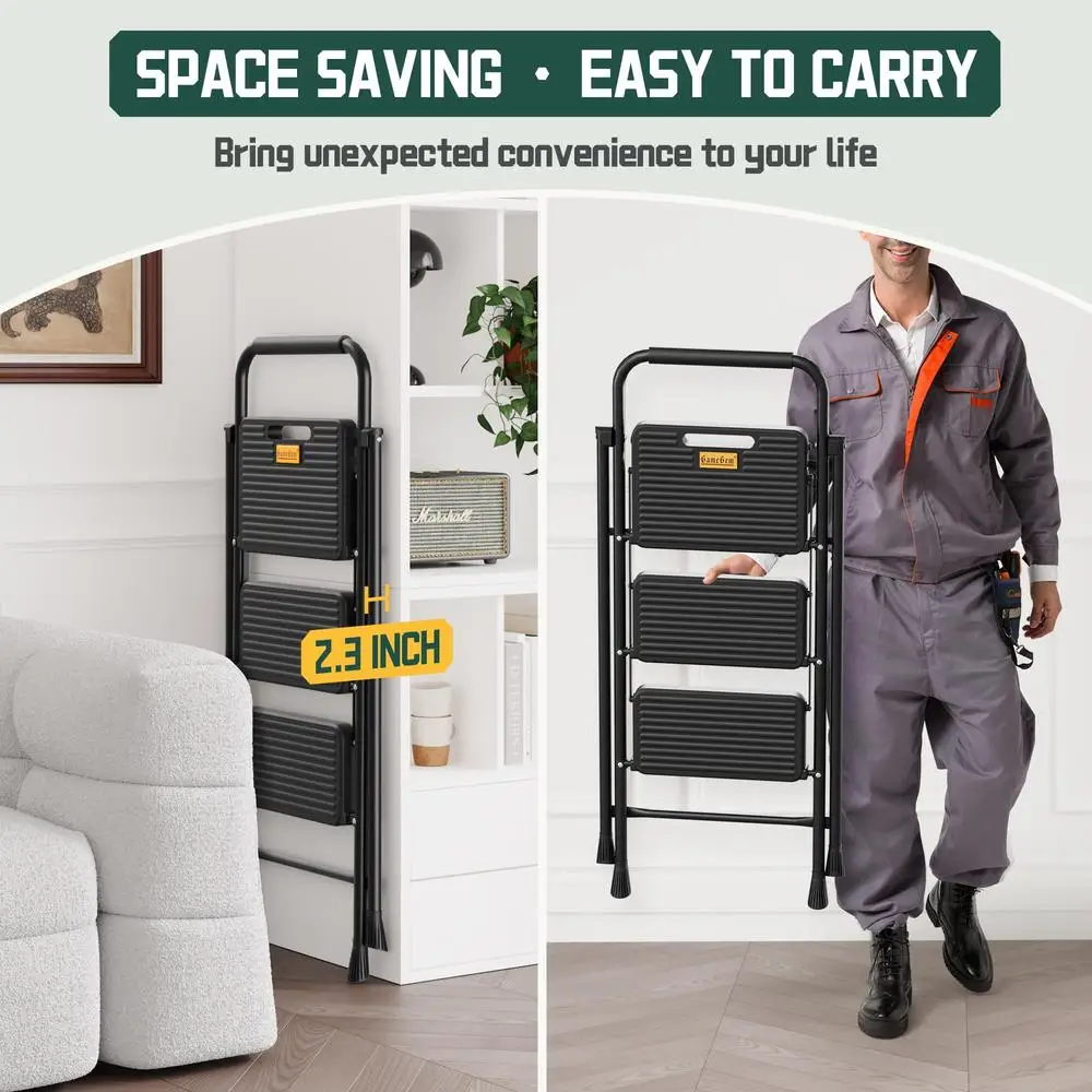 3-Step Foldable Stool with Honeycomb Structure Home Improvement Max 500lbs Easy Lock Mechanism Non-Slip Feet Compact Design