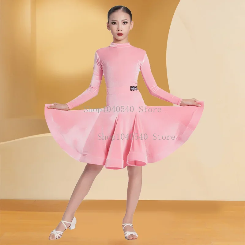 

Girls Latin Dance Professional Compeititon Dress Long Sleeces Velvet Dress Kids Cha Cha Dance Dress Practice Clothes Tops Skirt