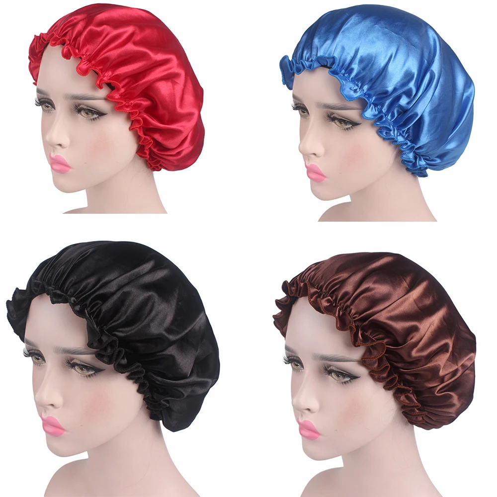 hot sale! 1pc Hair Styling Sleep Caps Fabric Hair Bonnet Satin Lined Sleep Cap Night Hat Adjust Shower Cap Silk Bonnets