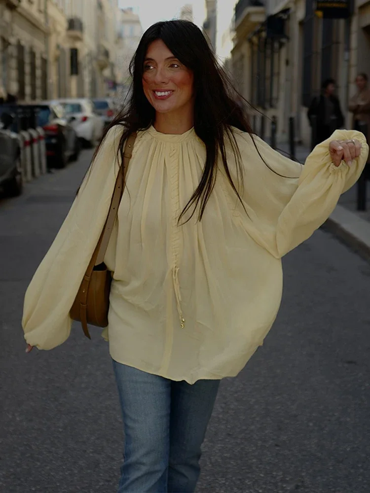 

Round Neck Chiffon Womens Blouses Female Casual Loose Lantern Sleeve Tops Elegant Lady Irregular Pleated A-line Pullover Shirt