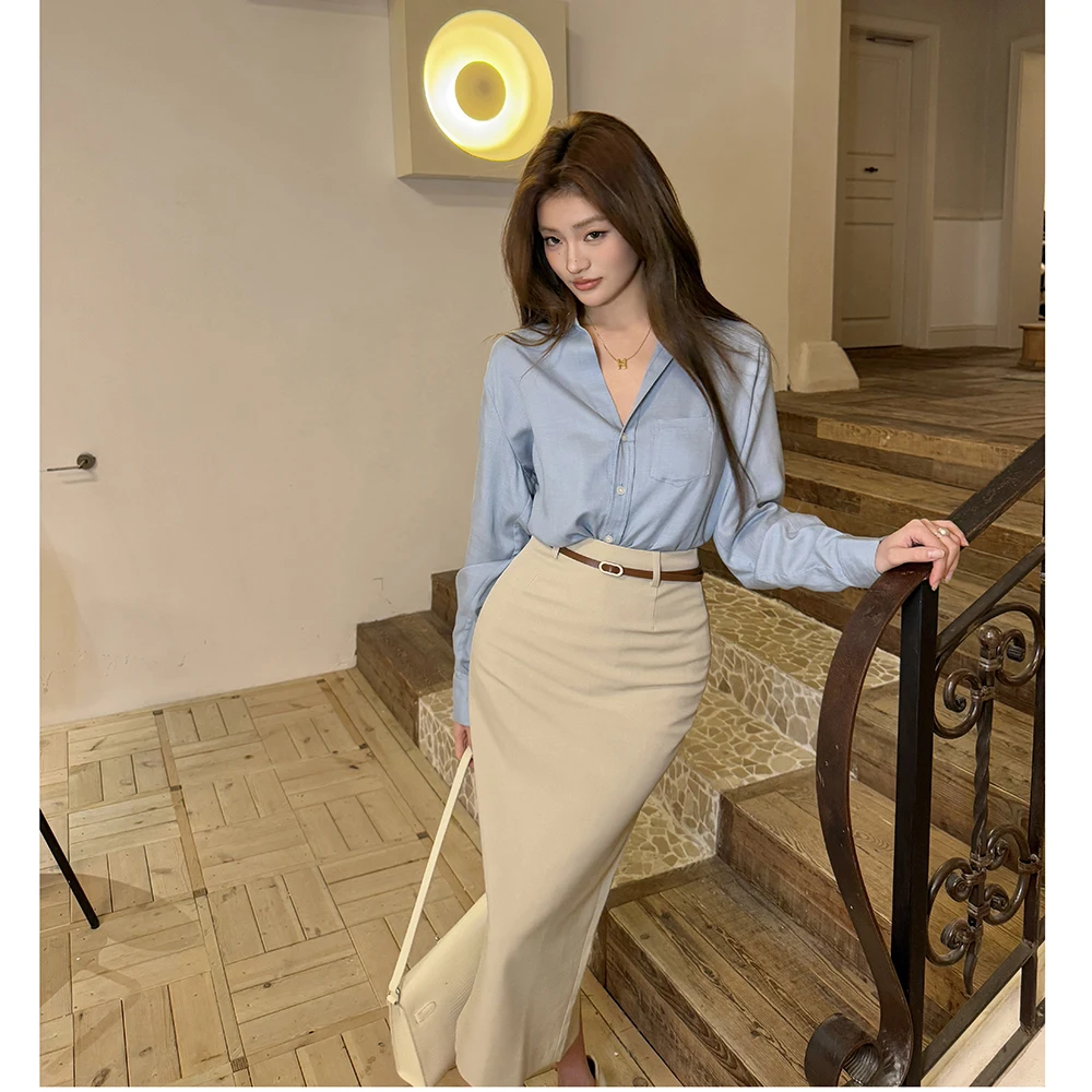Sexy High Waist Bodycon Skirt with Slit Design Korean Style OL Lady Professional Suit Dress Mid-Calf Length Polyester Fiber