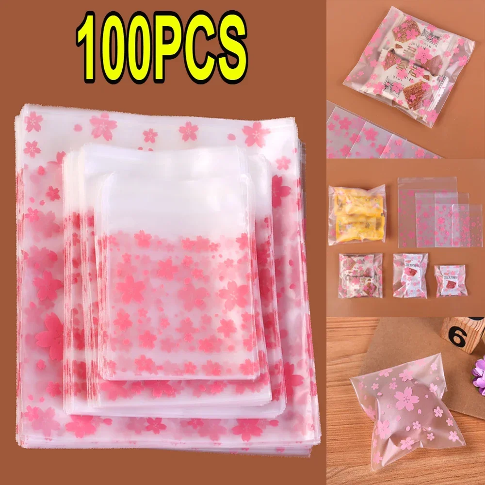 100PCS Translucent Plastic Bags Multi Size Self Adhesive Gift Bag Sakura Candy Cookie Snack Bags Wedding Birthday Party Supplies