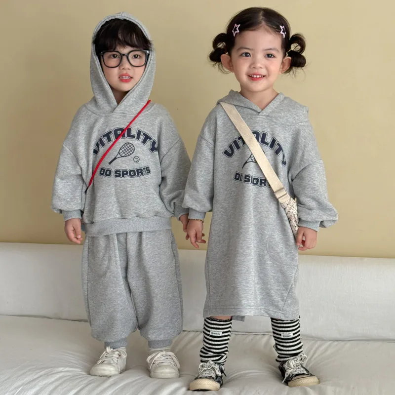 Boy Hood Swearshirt Pants 2piece Set Girl Dress One Piece Toddler Big Kid 26 Spring Autumn Baby Brother And Sister 2-12 Years