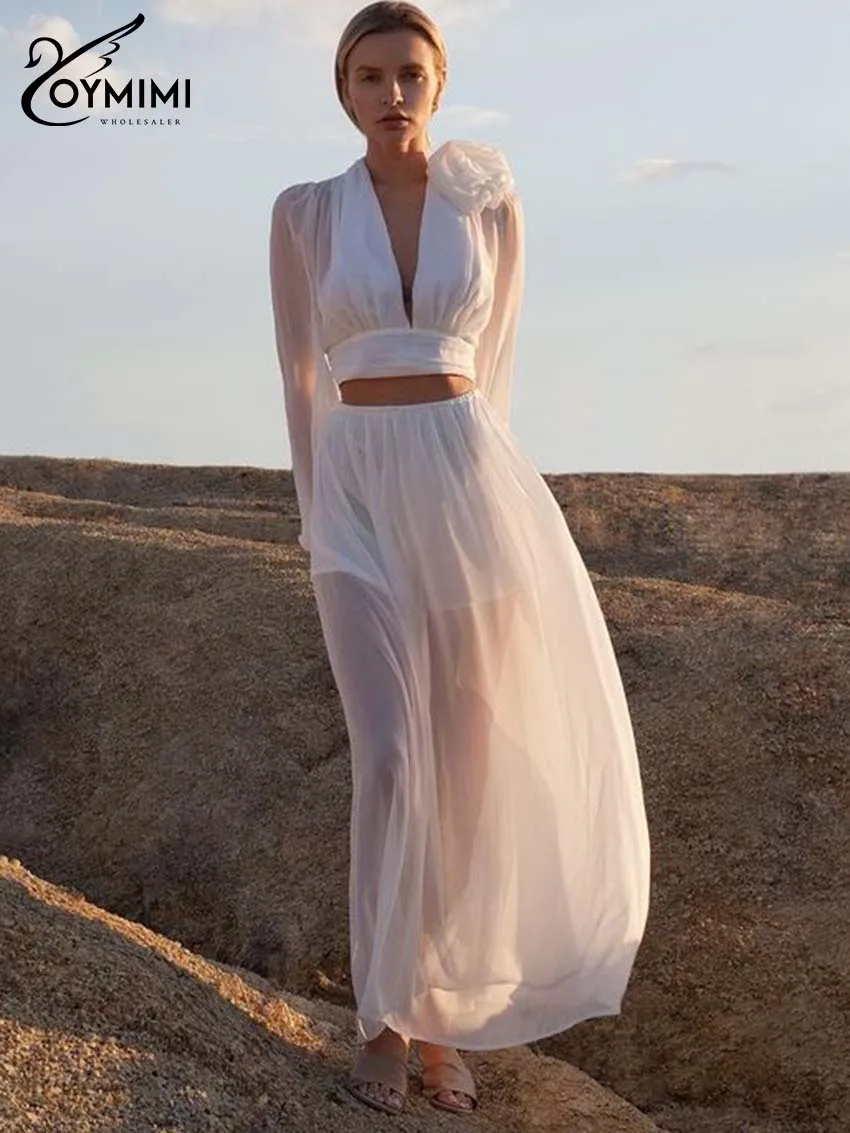 

Oymimi Fashion White Bow Woman 2 Piece Set Outfit Elegant Deep V-Neck Long Sleeve Crop Tops And Loose Ankle-Length Skirts Sets