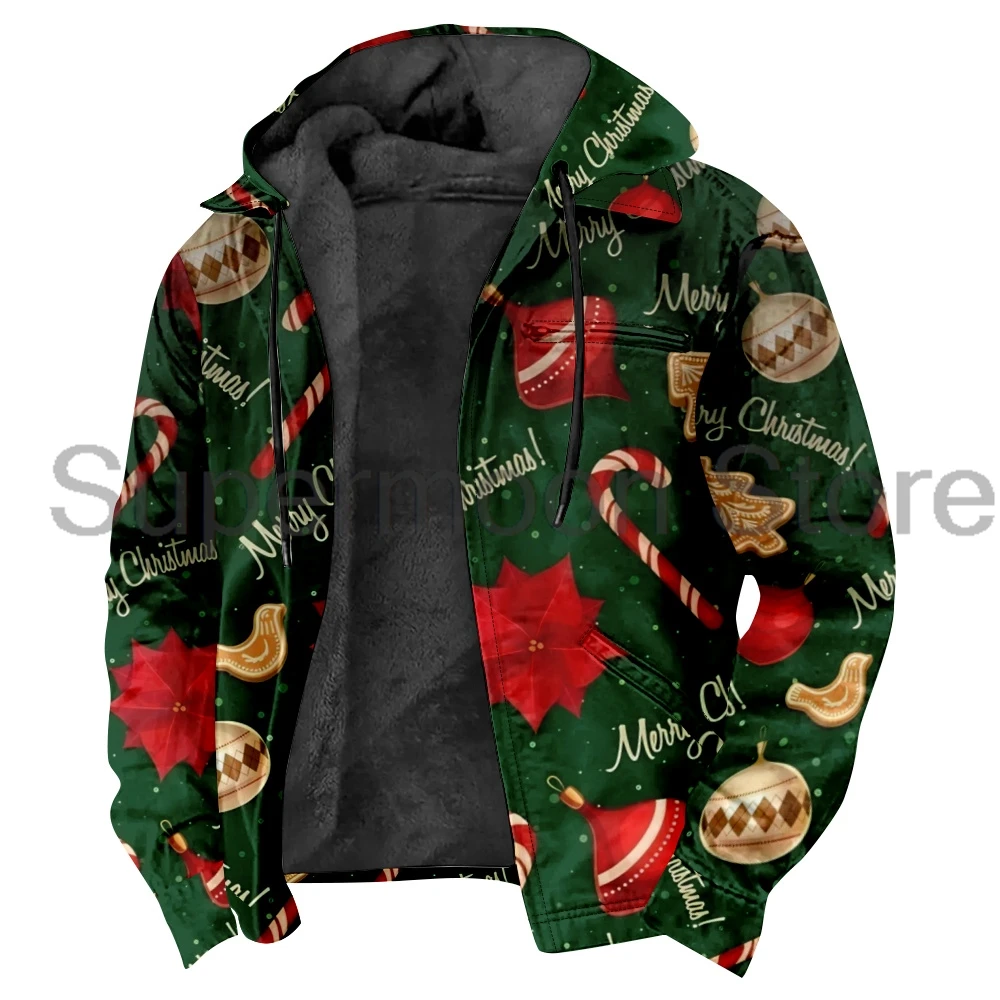 Christmas Festive Ornaments Print Hooded Jacket Parkas Long Sleeve Zipper Hoodie Women Men Winter Outerwear Coat 3D Clothes