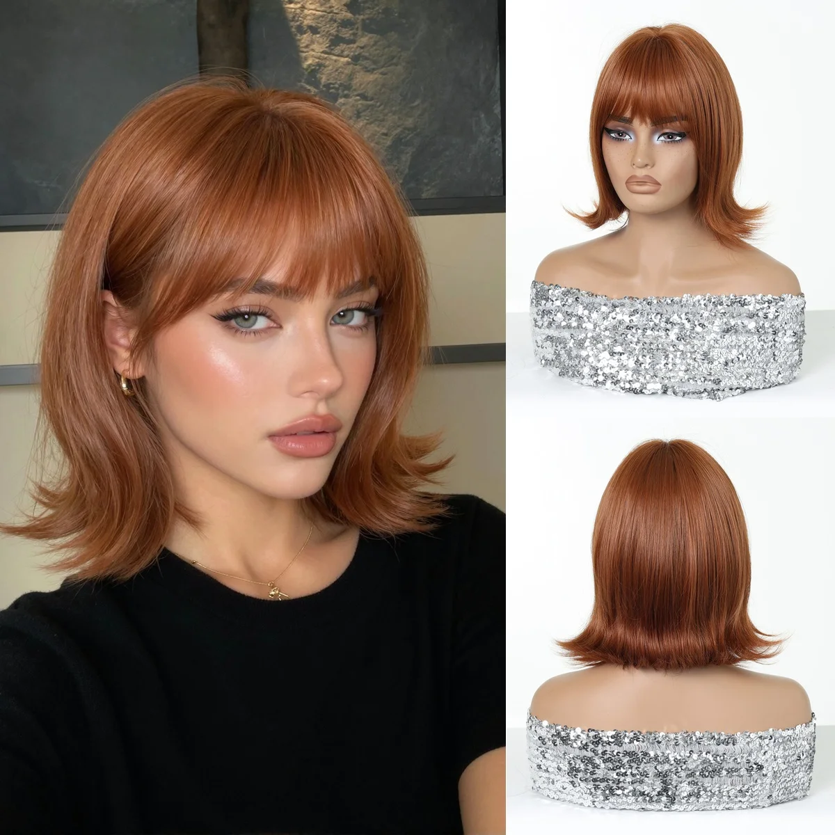 Ginger Orange Flip Bob Synthetic Wig With Bangs Heat Resistant Fiber Realistic Simulation Scalp Soft Smooth Adjustable Mesh Cap Daily Wig For Women