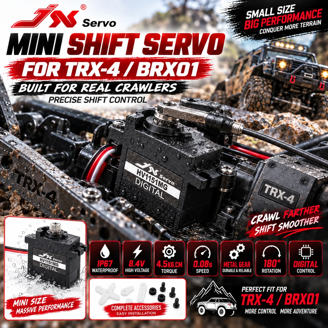 JX Servo PDI-HV1151MG 1/10 RC Crawler Car Waterproof Mini Servo 8.4V Metal Gear 4.5KG Digital Servo for RC Traxxas TRX-4 BRX01