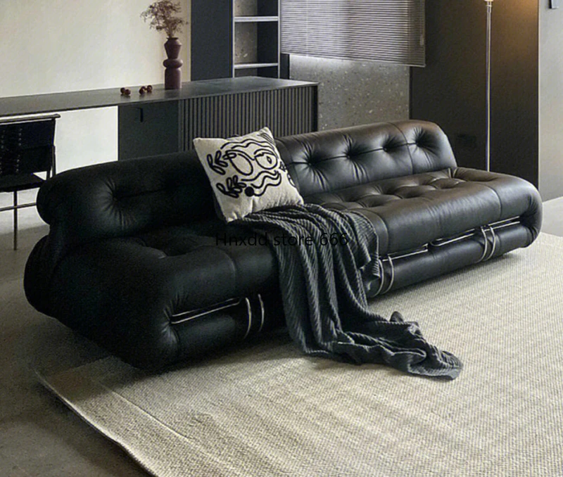 Italian steel tooth black leather sofa