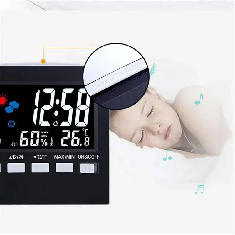 LED Alarm Clock Weather Temperature Thermometer Desk Time Date Display Calendar Hygrometer Humidity Forecast Digital Clock