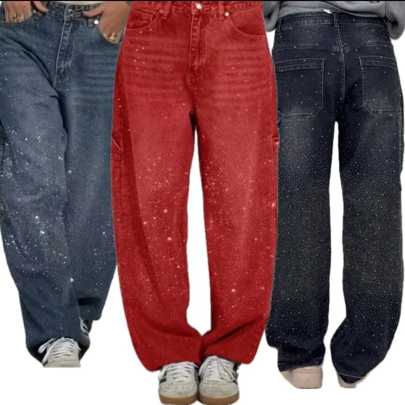 2025 أربعة مواسم المرأة الجديدة فضفاض الجينز الرجال ستار سبلاش الطلاء بنطال ذو قصة أرجل واسعة الرجعية عالية الخصر الشارع السراويل زوجين نمط