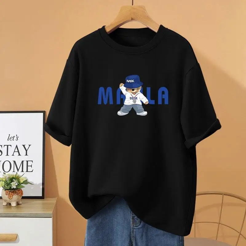 Summer 100% Cotton Casual Loose O-neck T-shirt, Vintage Basic Short Sleeve Top Tee, Women Clothing Cartoon Printed Pullovers