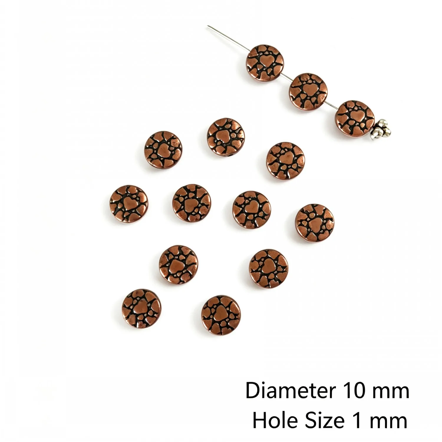 20Pcs 9.5mm Zinc Alloy Antique Red Copper Flat Round Heart Carved Spacer Beads DIY Jewelry Accessories H5205