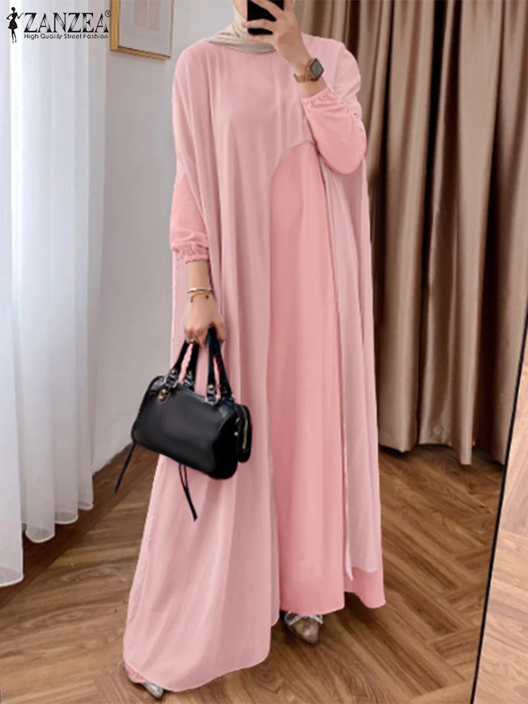 

ZANZEA Woman Muslim Hijab Abaya Robes Modest Fashion Long Sleeve O-Neck Chiffon Overlay Maxi Dresses Loose Casual Long Vestidos