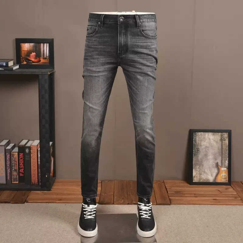 Novo designer de moda masculina calças jeans retro preto cinza elástico fino ajuste rasgado jeans calças masculinas casuais do vintage denim calças hombre