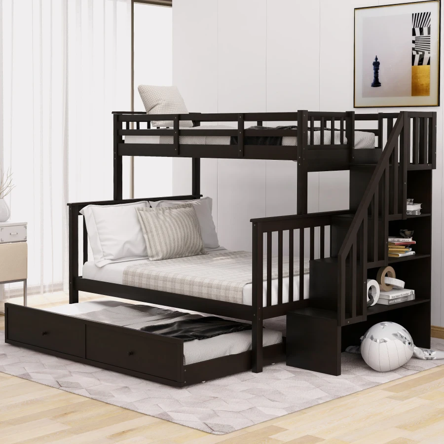 Twin-Over-Full Bunk Bed with Twin size Trundle, Storage and Guard Rail for Bedroom, Dorm, for Adults, Espresso OLD SKU :LT00011