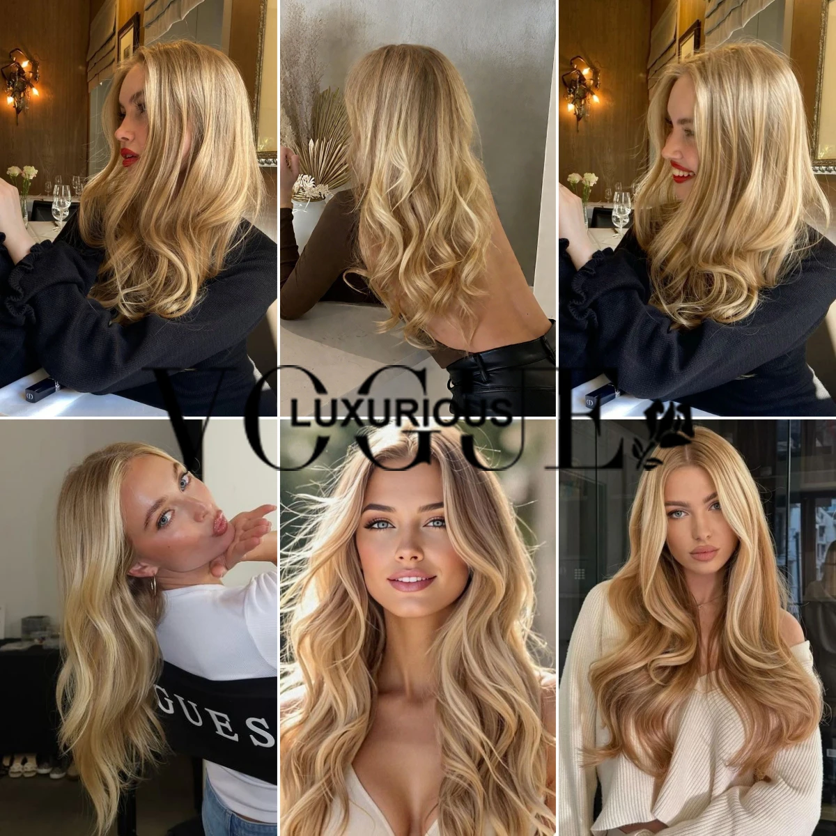 LUX VOGUE تسليط الضوء على ضباب الذهب Balayage اللون Beachy موجات 100% عذراء شعر مستعار 190% الكثافة 13x6 ترقية عارية اللون الدانتيل الباروكات