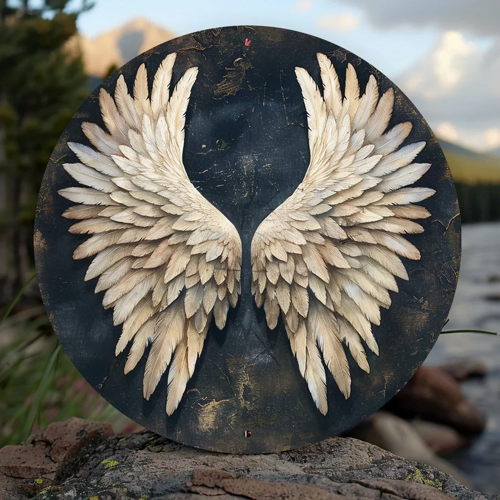 

Aluminum Angel Wings Wall Art, 1pc Round Metal Sign, Weatherproof and Elegant Feathered Wings Design for Home and Office Decor